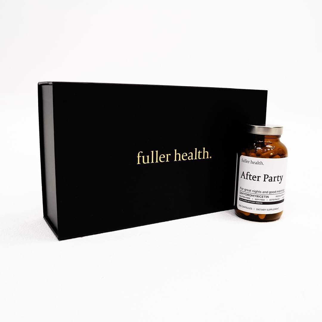 Top view of Fuller Health After Party DHM bottle, minimalist capsule design.