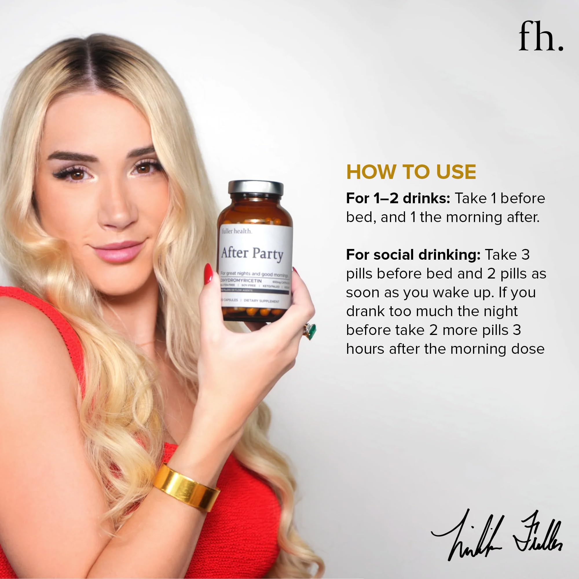 Fuller Health After Party DHM bottle with glass of water, easy nightly intake.