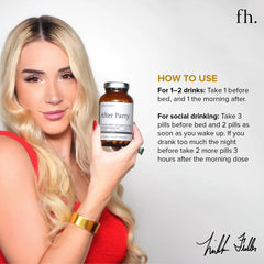Fuller Health After Party DHM bottle with glass of water, easy nightly intake.