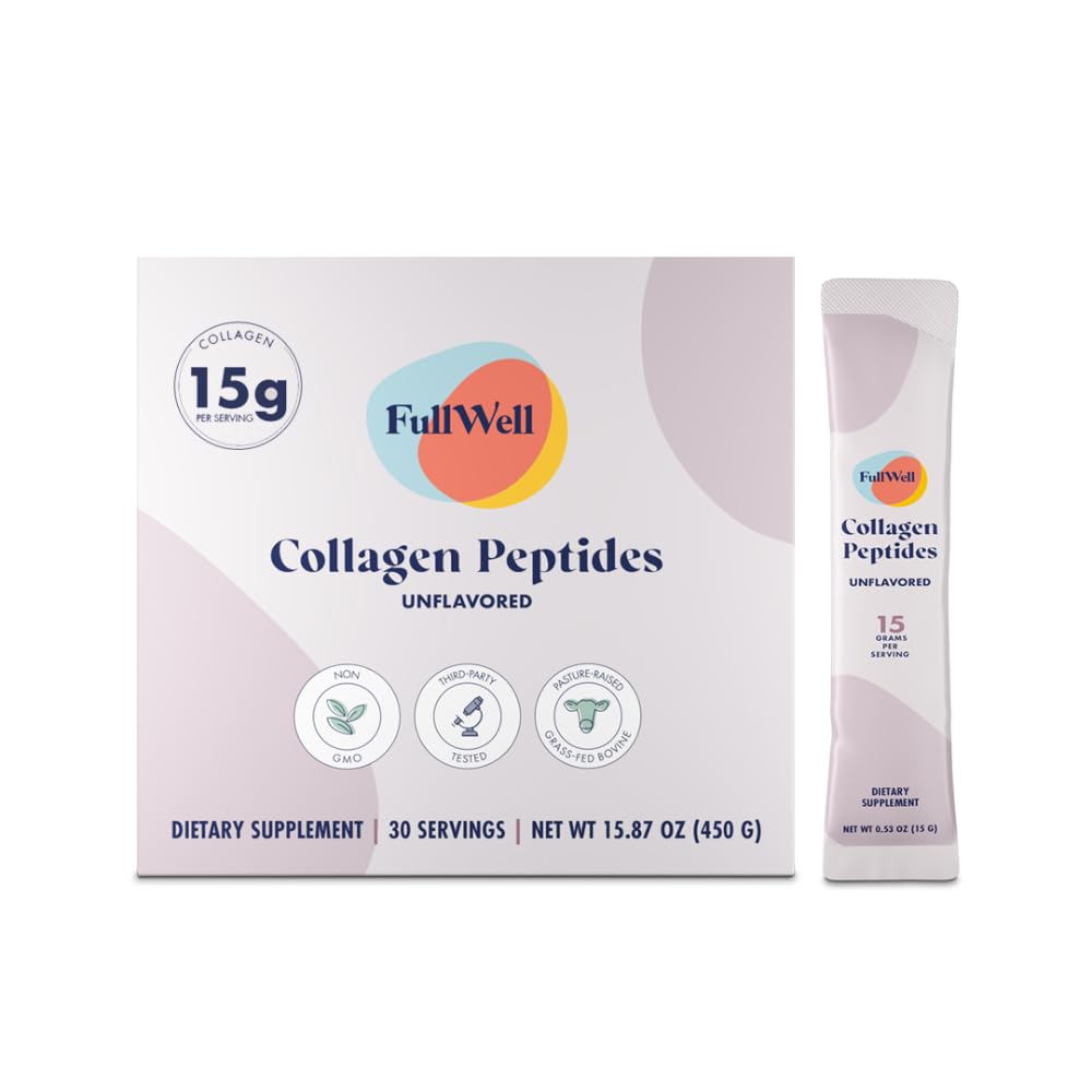 FullWell Hydrolyzed Collagen stick pack on table, convenient daily skin and joint support.
