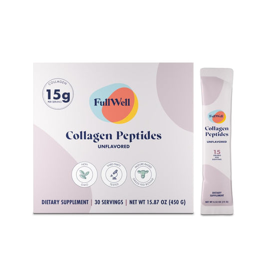 FullWell Hydrolyzed Collagen stick pack on table, convenient daily skin and joint support.