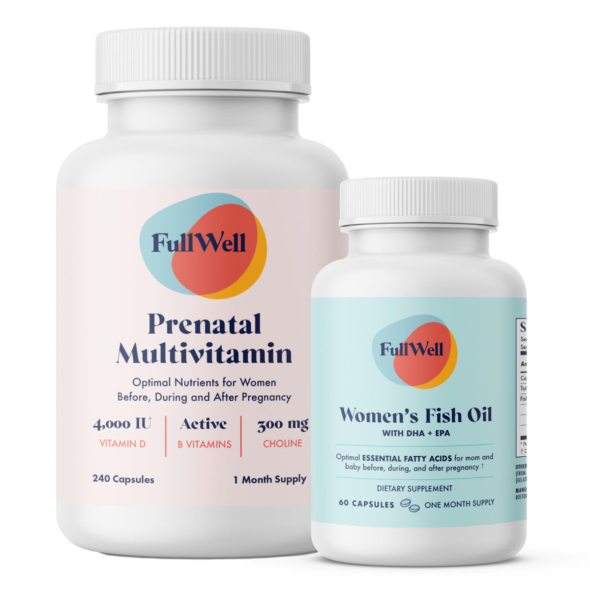 FullWell Prenatal Vitamin + DHA bottle front view showing comprehensive nutrients for mom and baby