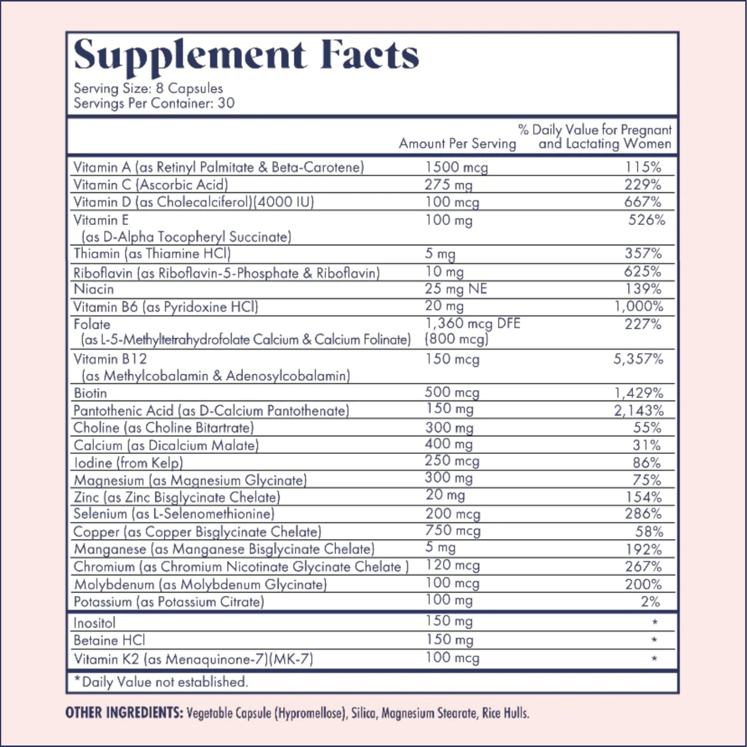 FullWell Prenatal DHA label close-up detailing nutrients and Vitamin D content