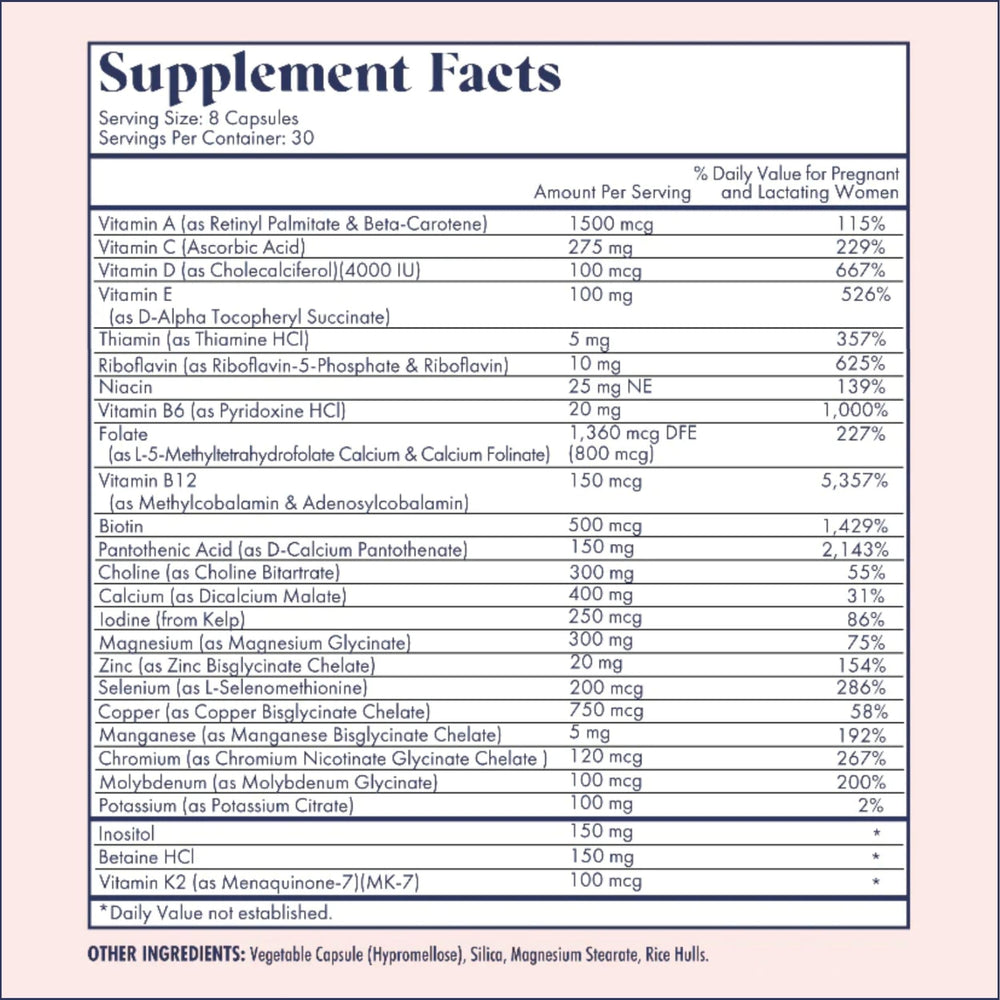 FullWell Prenatal DHA label close-up detailing nutrients and Vitamin D content