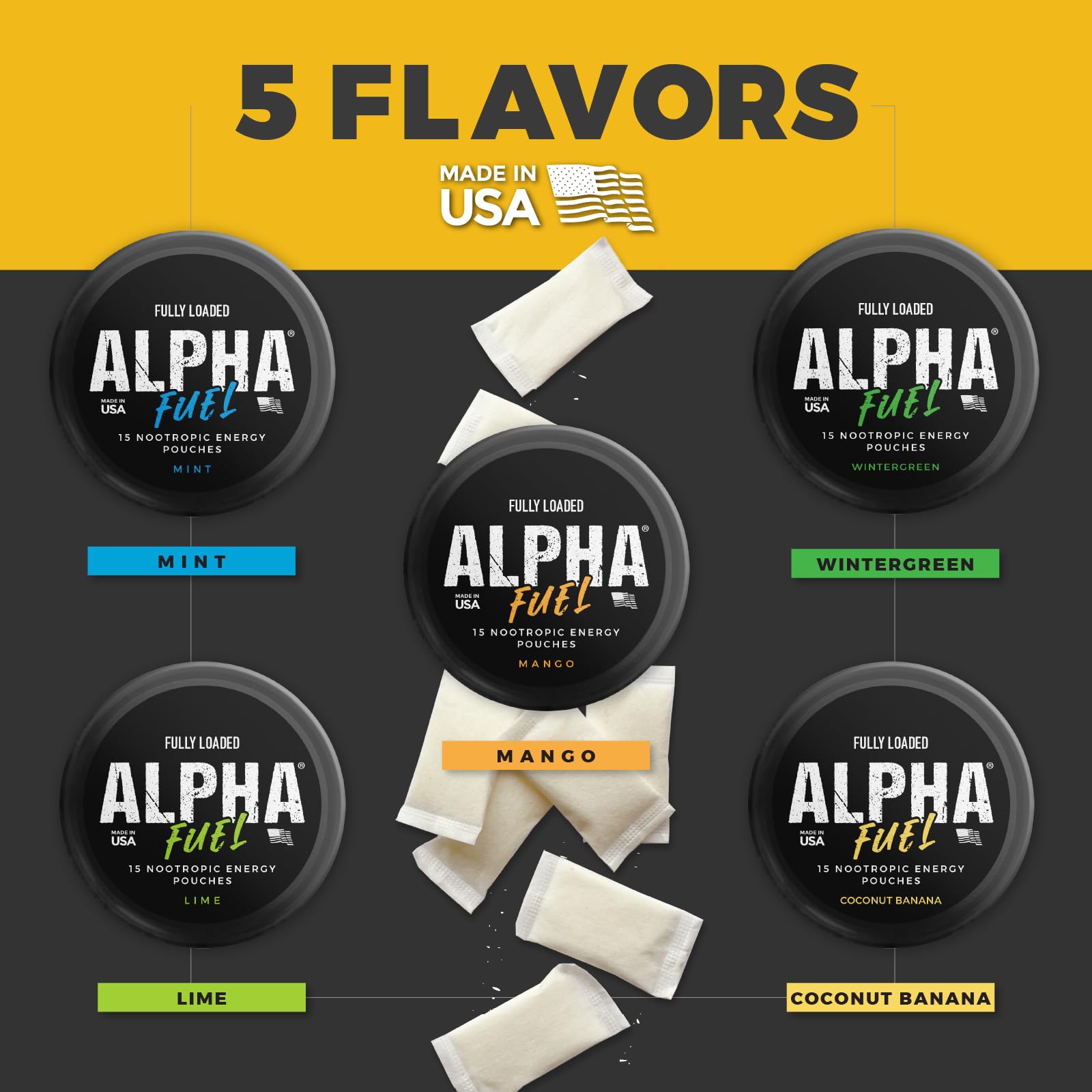 Five-pack display of Alpha Fuel pouches for travel energy.