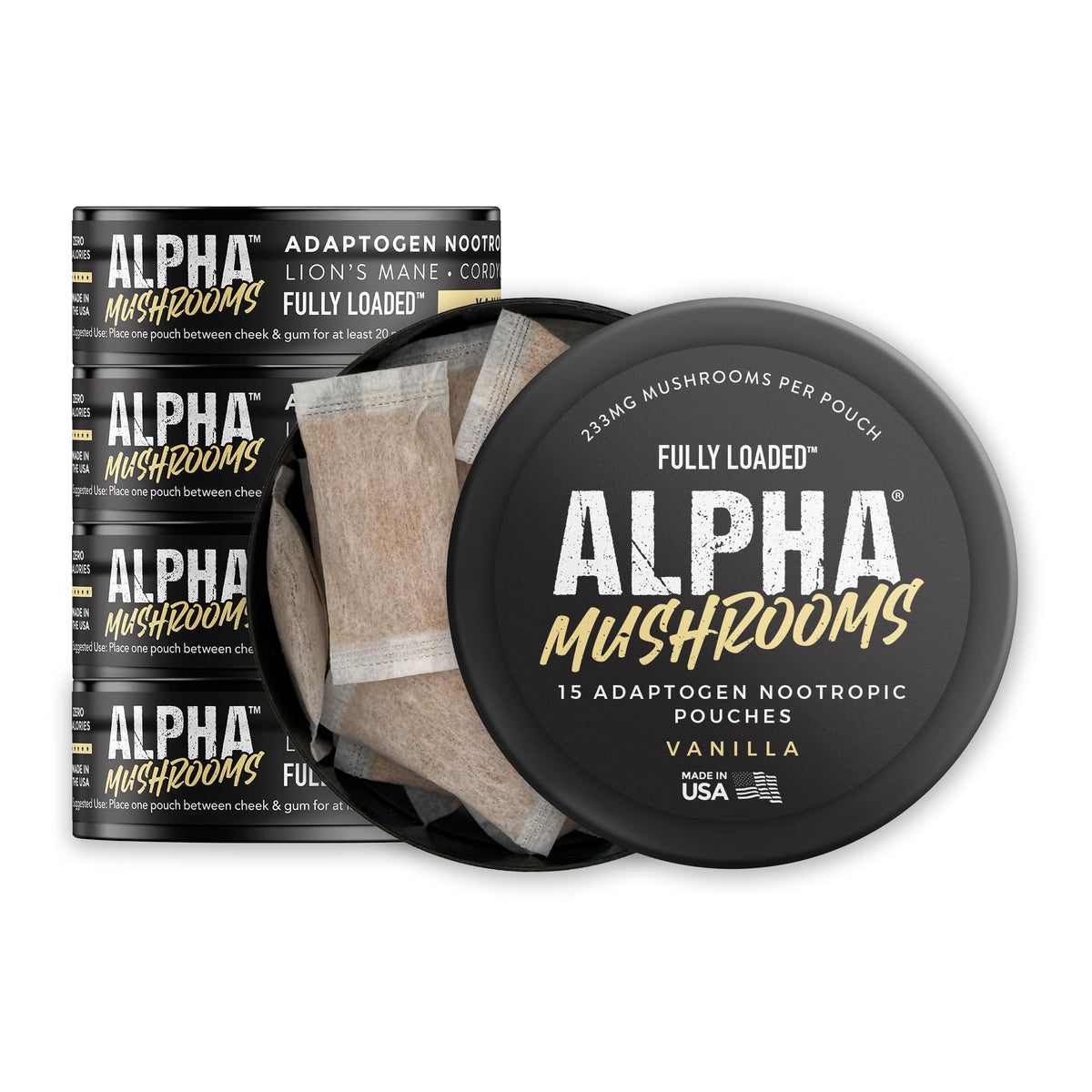 Fully Loaded Alpha Mushroom can front view shows packaging for focus support