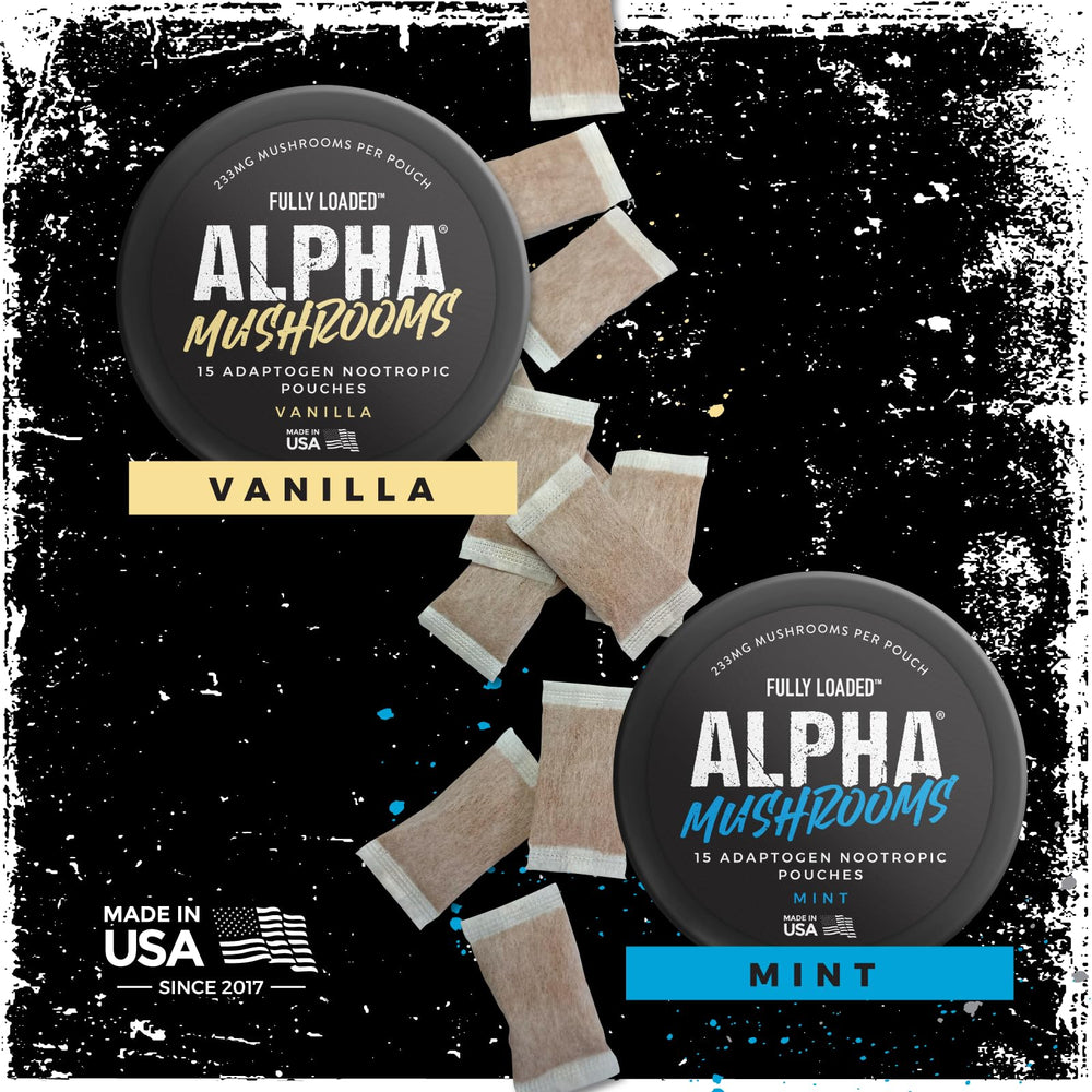 Fully Loaded Alpha Mushroom pouch out reveals individual pouches for on-the-go energizing moments