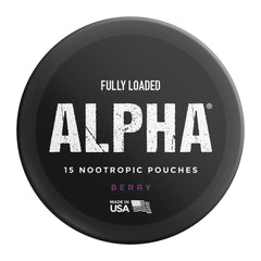 Fully Loaded Alpha Pouches Berry brand-embossing label close-up on packaging.