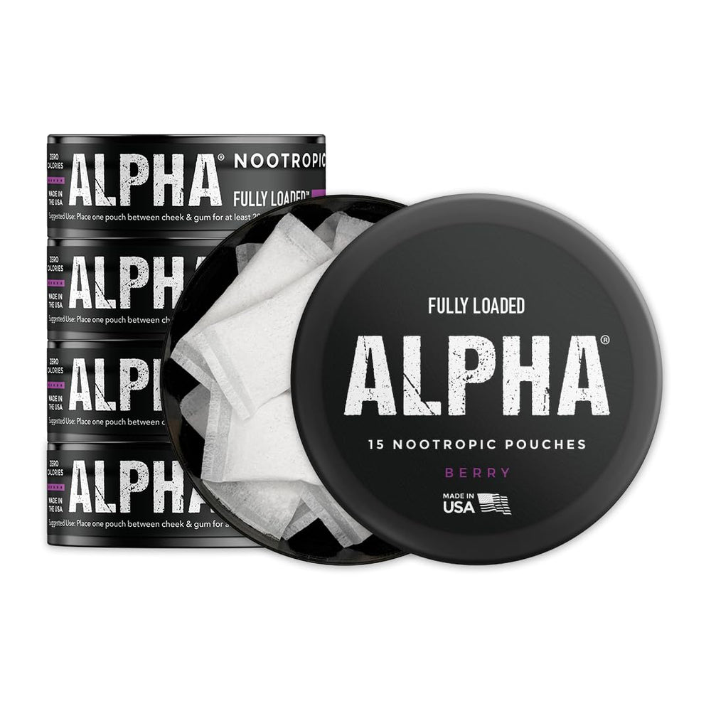 Fully Loaded Alpha Pouches Berry can front view for discreet, on-the-go focus support.