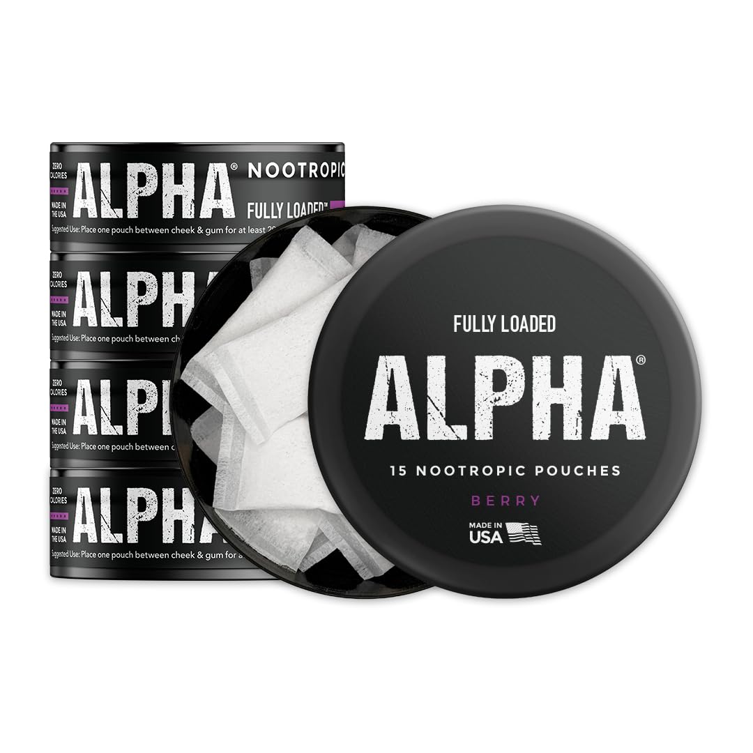Fully Loaded Alpha Pouches Berry can front view for discreet, on-the-go focus support.