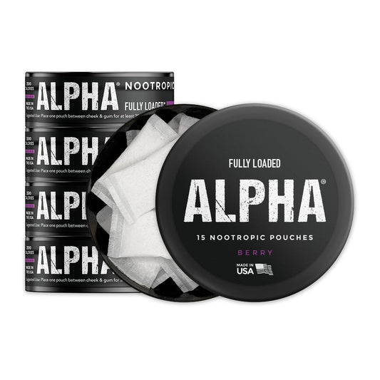 Fully Loaded Alpha Pouches Berry can front view for discreet, on-the-go focus support.
