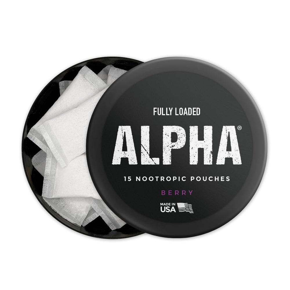 Fully Loaded Alpha Pouches Berry close-up of foil pouch showing compact travel-friendly design.