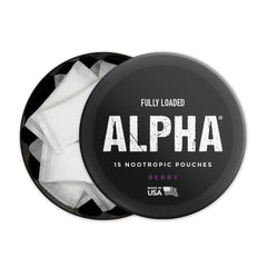 Fully Loaded Alpha Pouches Berry close-up of foil pouch showing compact travel-friendly design.