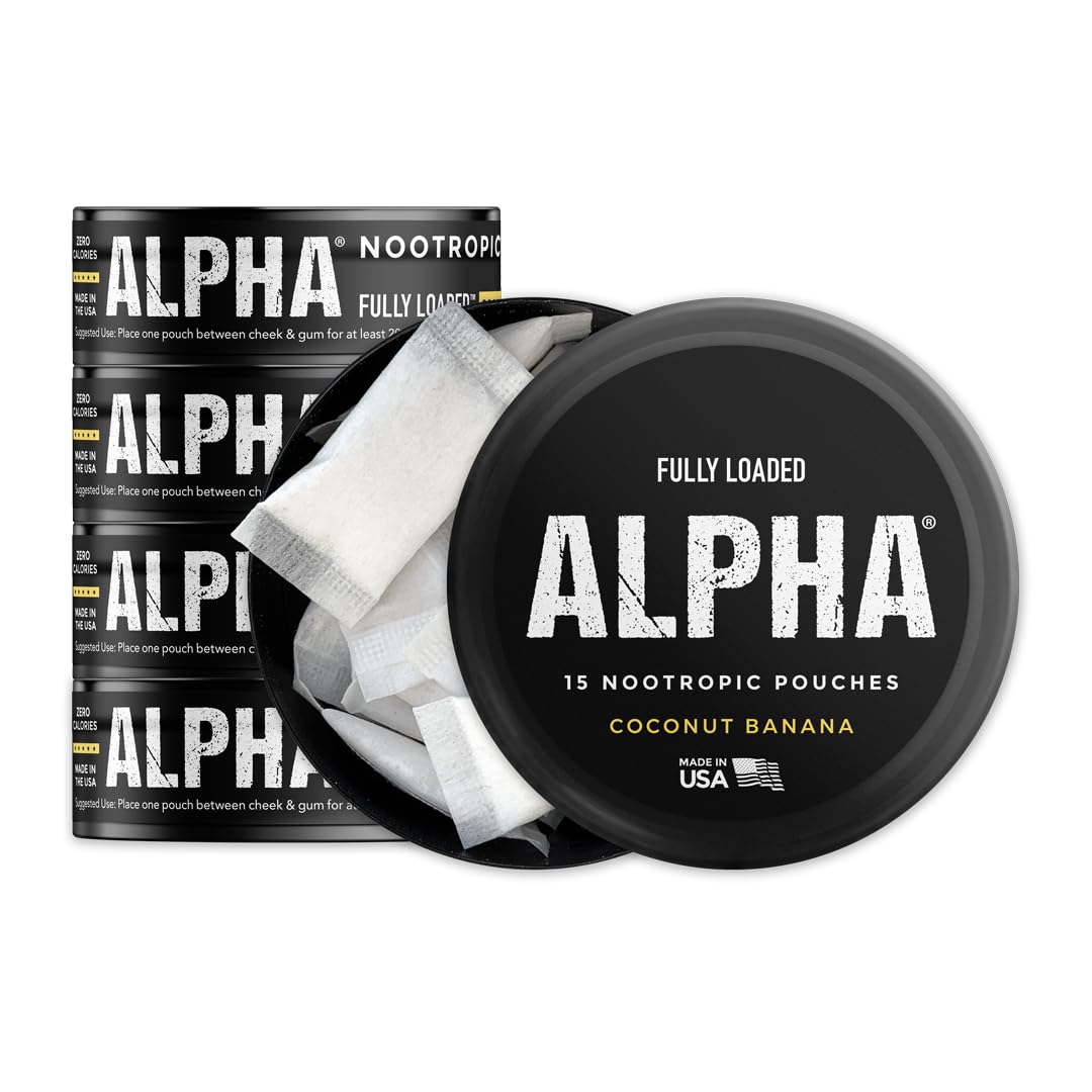 Fully Loaded Alpha Pouches coconut banana packaging highlights discreet nootropic delivery.