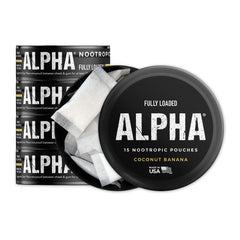 Fully Loaded Alpha Pouches coconut banana packaging highlights discreet nootropic delivery.