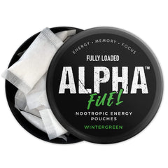 Alpha Fuel wintergreen label detailing caffeine and sugar-free formula.