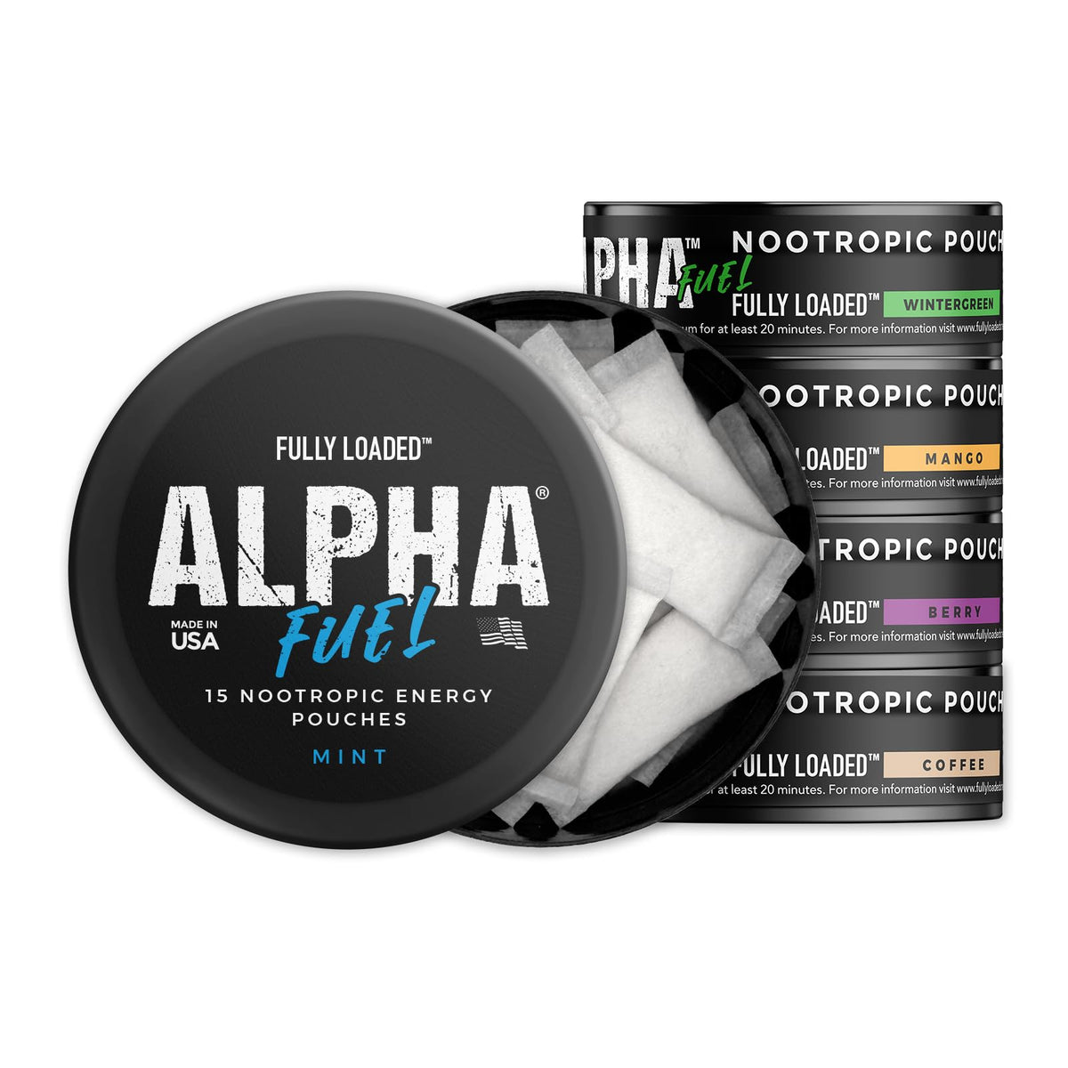 Fully Loaded Bullseye Alpha Fuel variety pack front view for on-the-go energy.