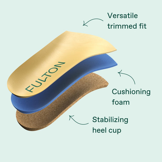 Fulton arch-support insoles provide personalized support for flat feet and high arches.