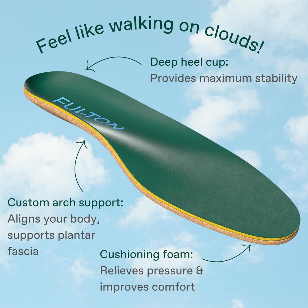 Fulton cork insole provides deep heel cup stability for reduced fatigue