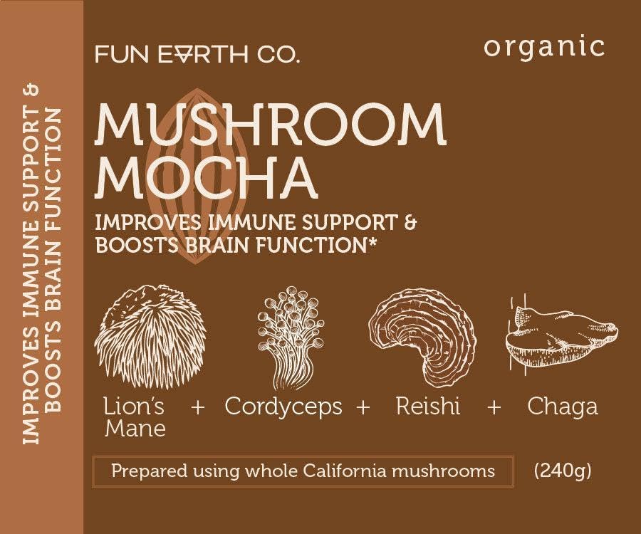 Fun Earth Mushroom Mocha close-up shows cacao and vanilla specks