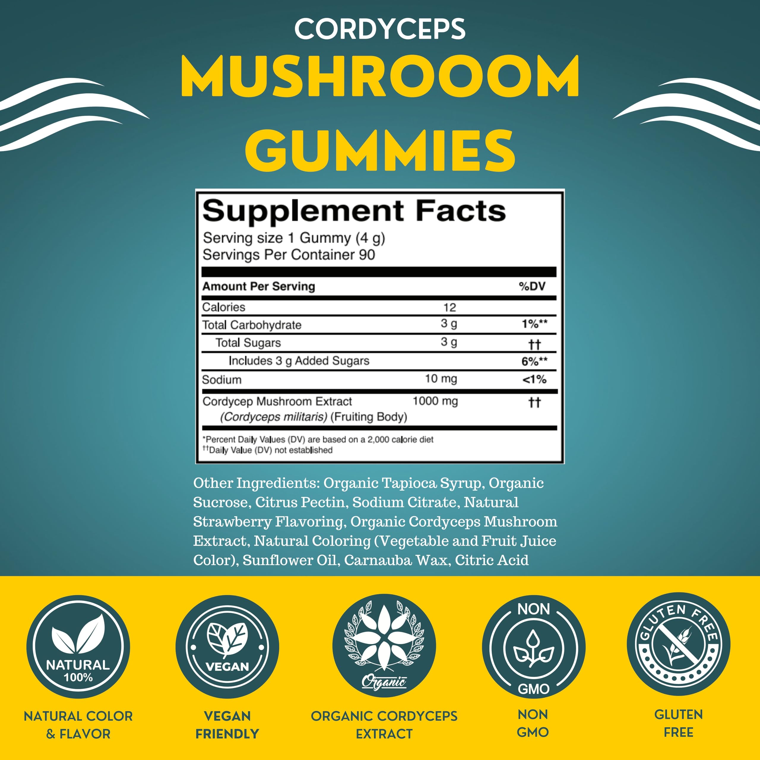 Fundamental Fungi Cordyceps gummies jar-front showcases organic ingredients and natural flavor.