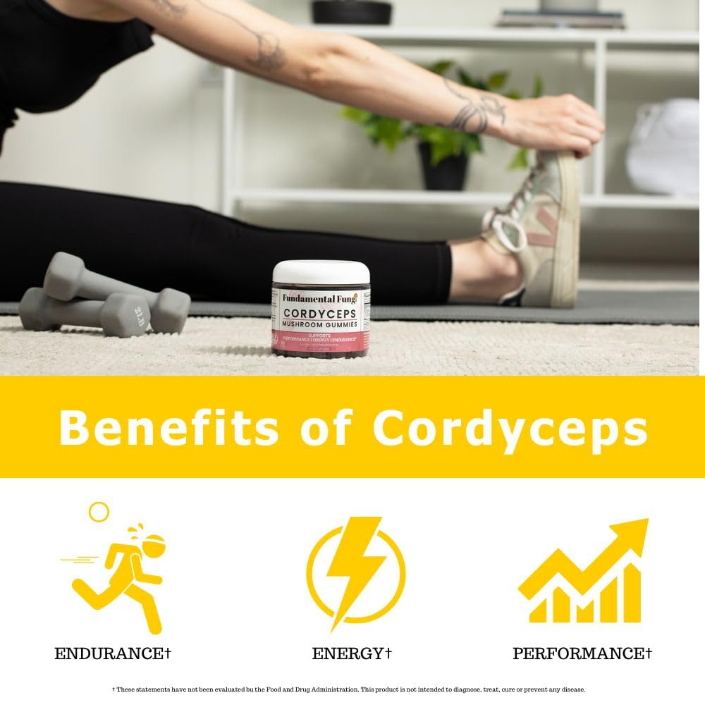 Fundamental Fungi Cordyceps gummies serving display suggests easy daily use for energy.