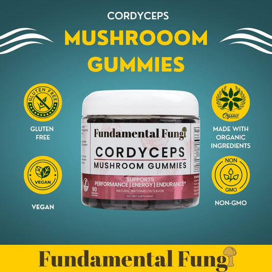 Fundamental Fungi Cordyceps gummies texture closeup highlights chewy, flavorful energy bite.