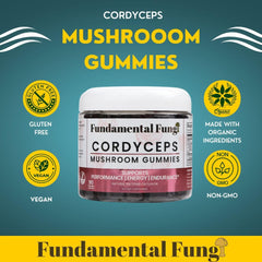 Fundamental Fungi Cordyceps gummies texture closeup highlights chewy, flavorful energy bite.