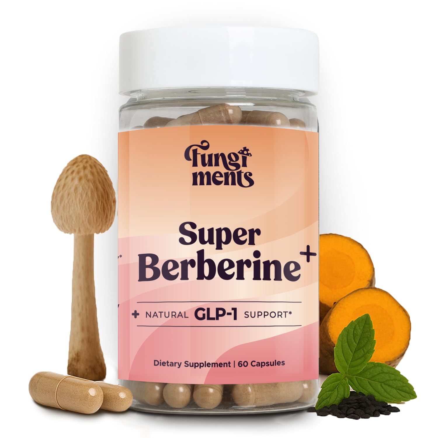 Fungiments Super Berberine bottle highlighting GLP-1 balance and metabolic support