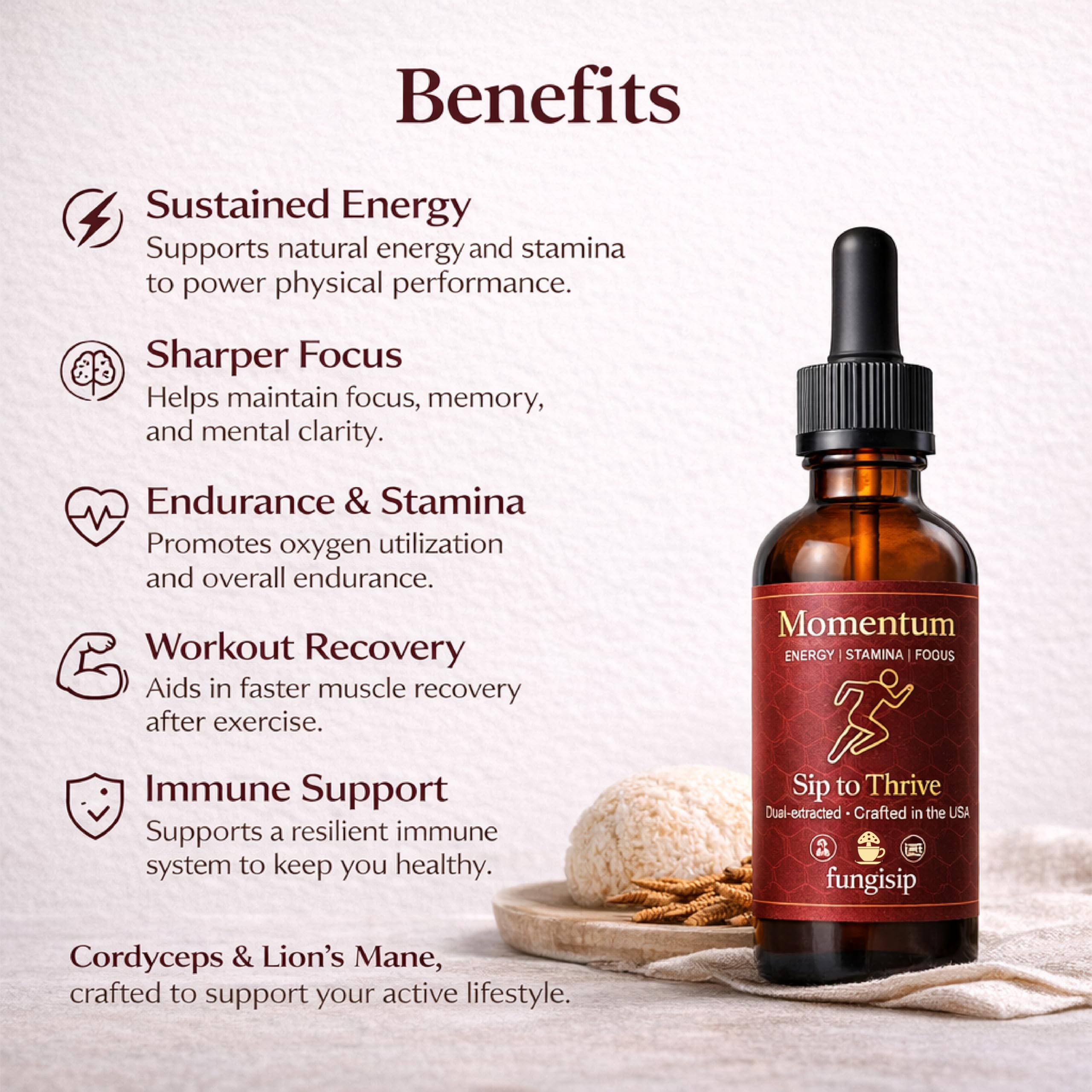 FUNGISIP Momentum bottle with mushrooms image emphasizes 100% mushroom fruiting bodies.