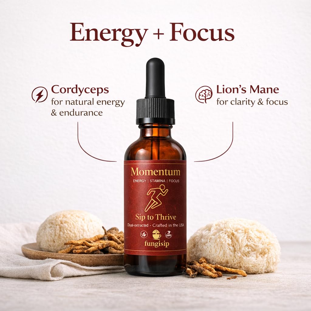 FUNGISIP Momentum label closeup highlights organic tincture and premium mushroom blend.