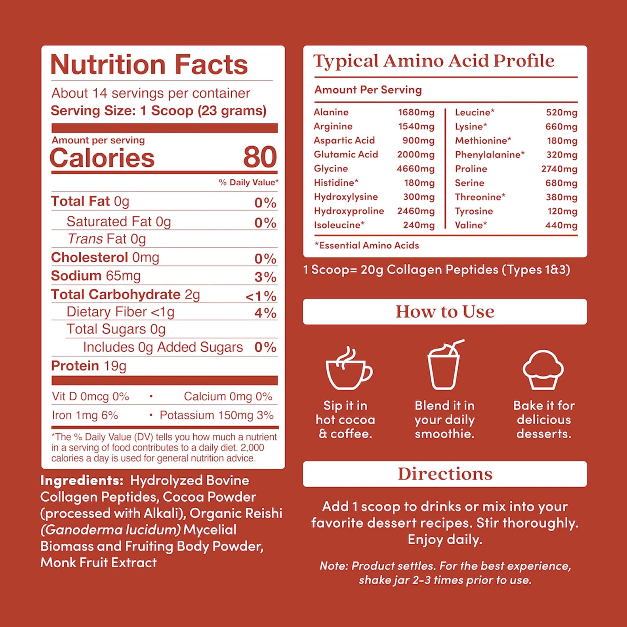 Close-up of label on Further Food chocolate collagen with Reishi detailing ingredients