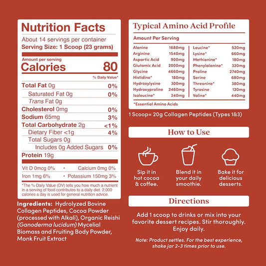 Close-up of label on Further Food chocolate collagen with Reishi detailing ingredients