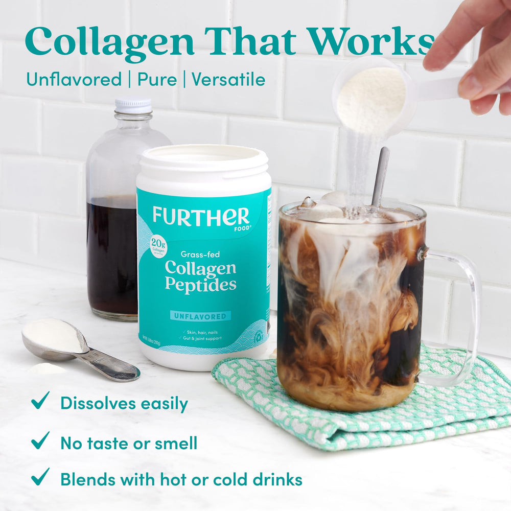 Further Food collagen powder in glass with milk highlights versatility.