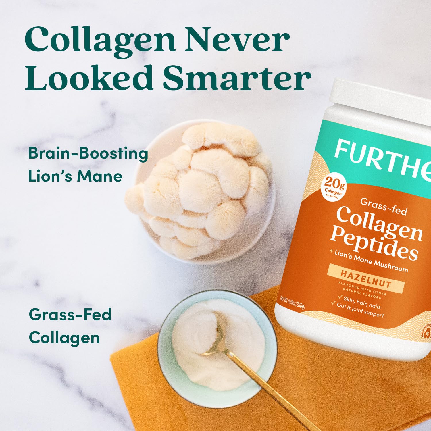 Further Food hazelnut collagen with Lion's Mane smoothie-serve blends into breakfast.