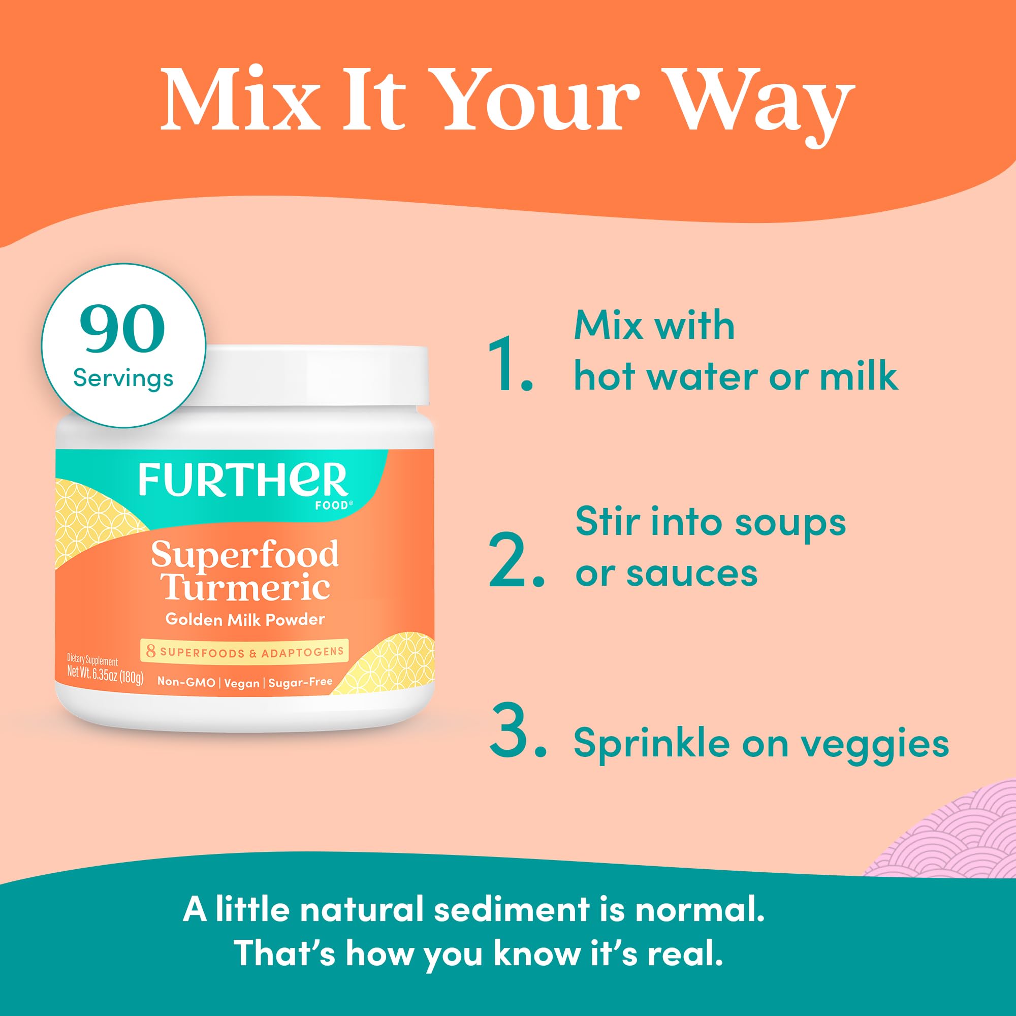 Further Food turmeric powder packaging emphasizes vegan, non-GMO ingredients.
