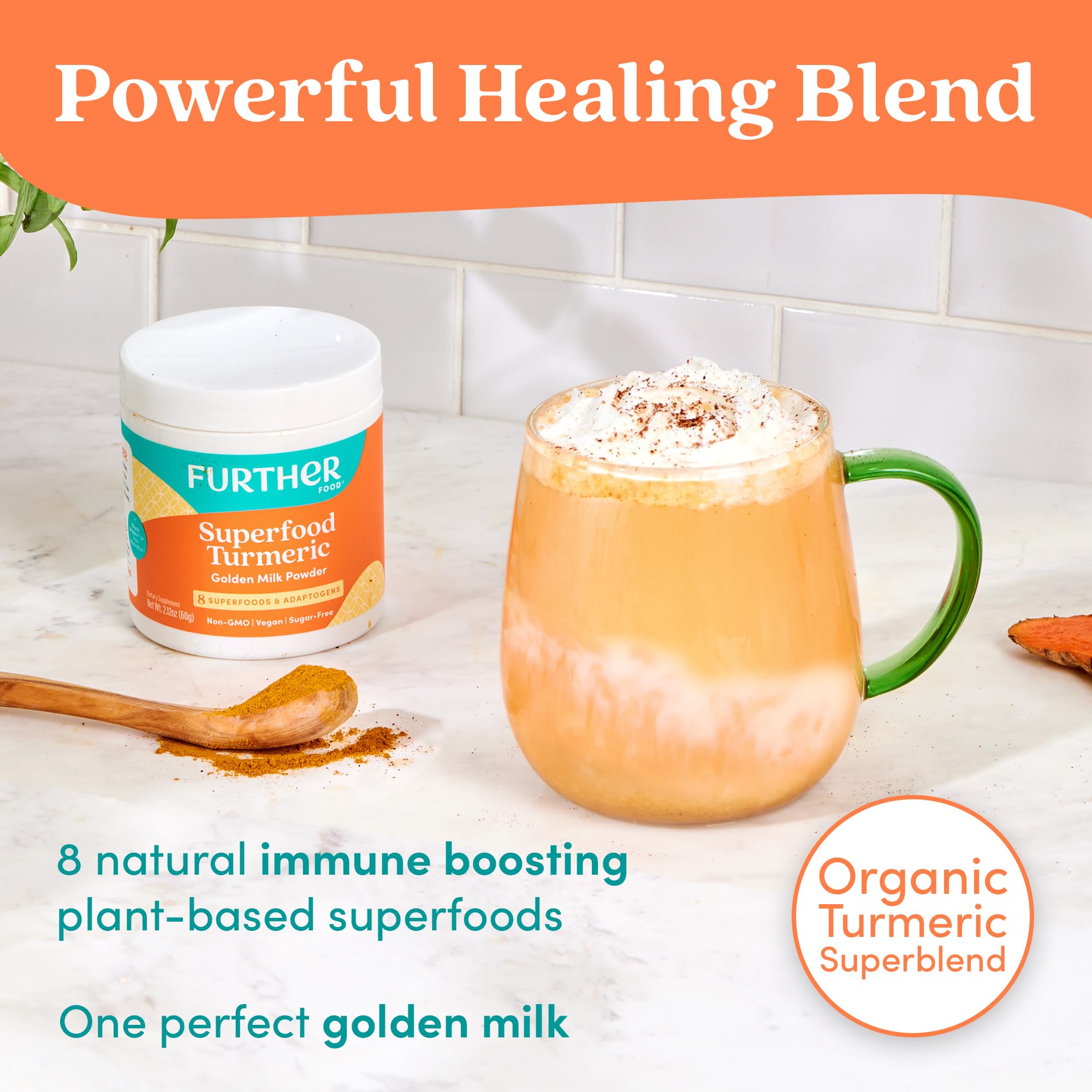 Further Food turmeric root powder spoon highlights convenient mixing.