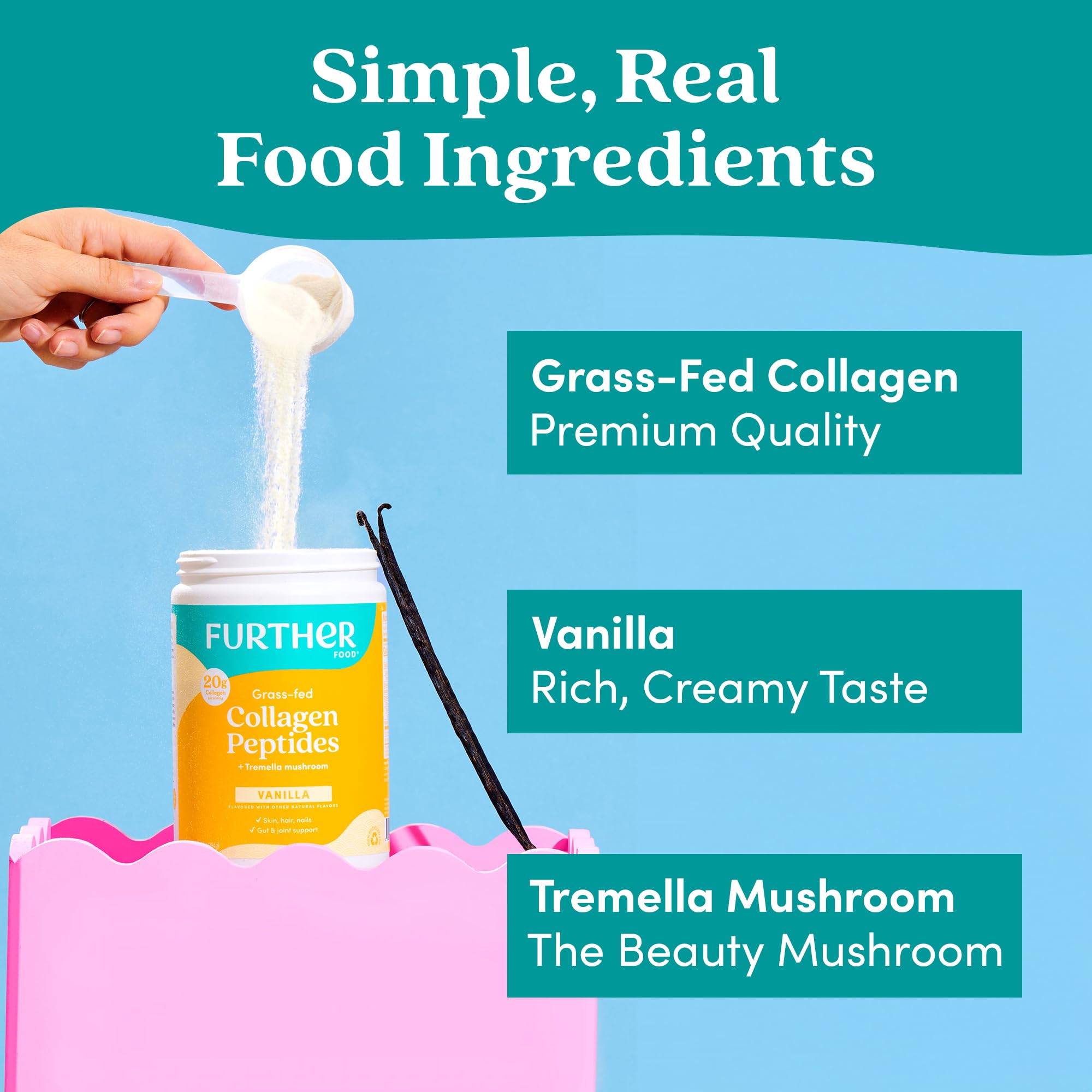 Further Food label close-up highlights Type 1 & 3 collagen in the tub.