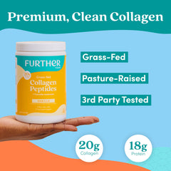 Pouring Further Food vanilla collagen powder into a cup for quick mixing.