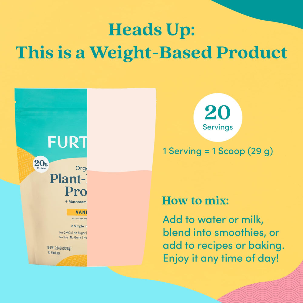 Further Food vanilla flavor protein mix displayed with blender-ready ingredients