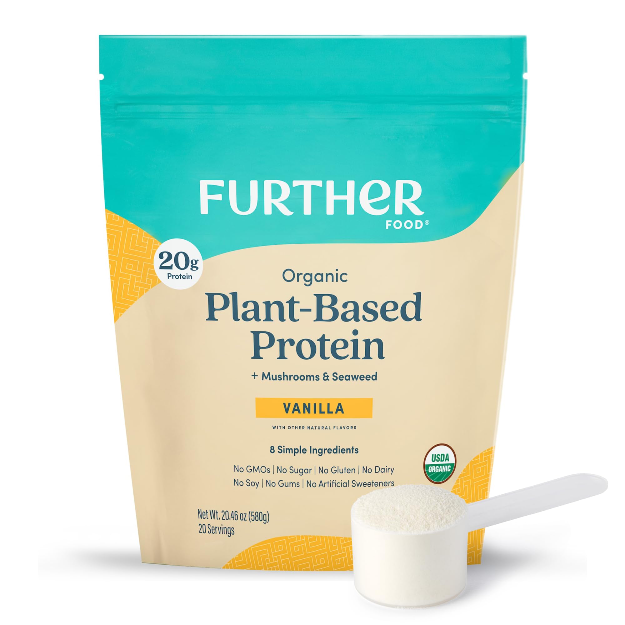 Further Food vanilla protein bottle shows clean, organic ingredients for daily plant-based protein