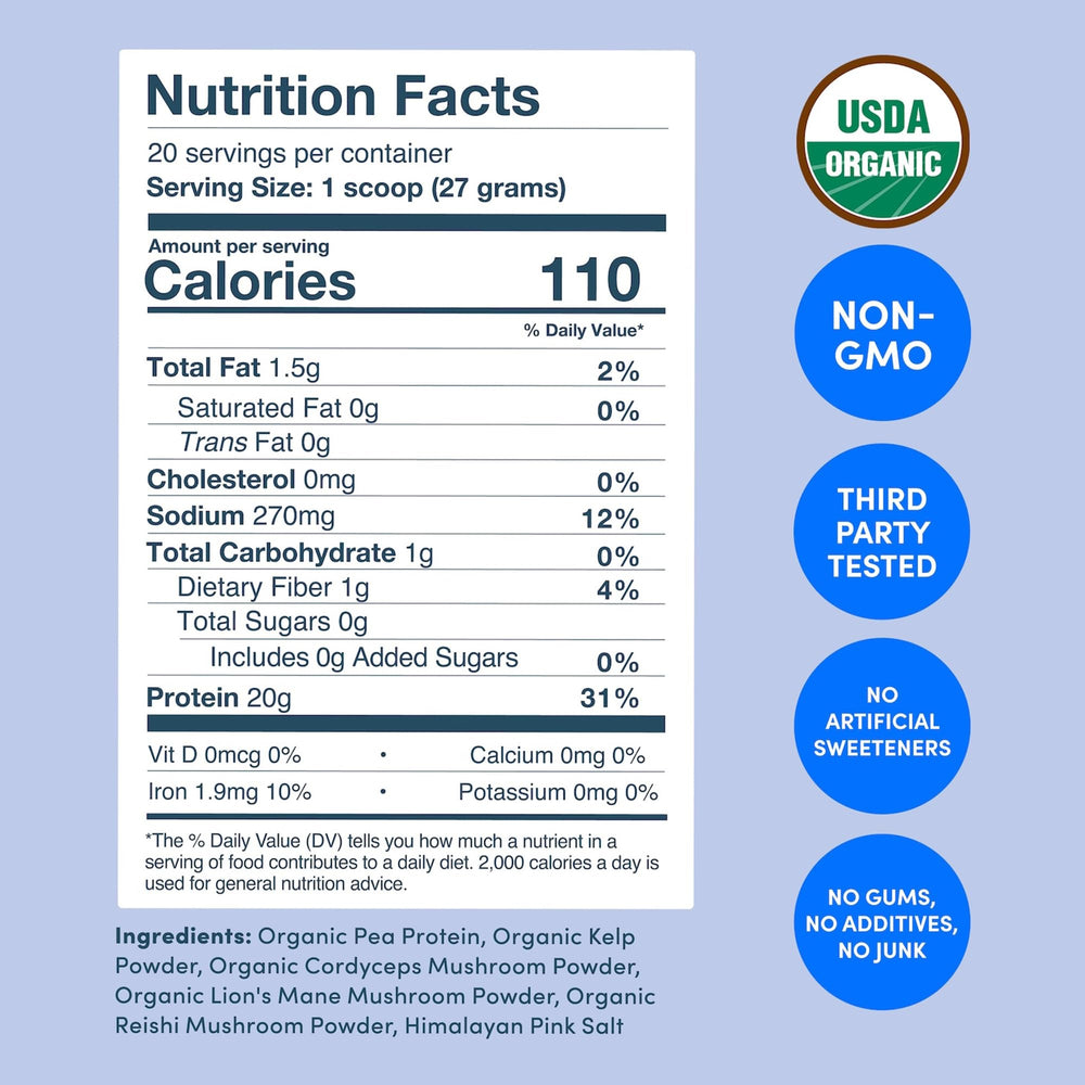 Ingredients: peas, mushrooms, and seaweed in Further Food vegan protein