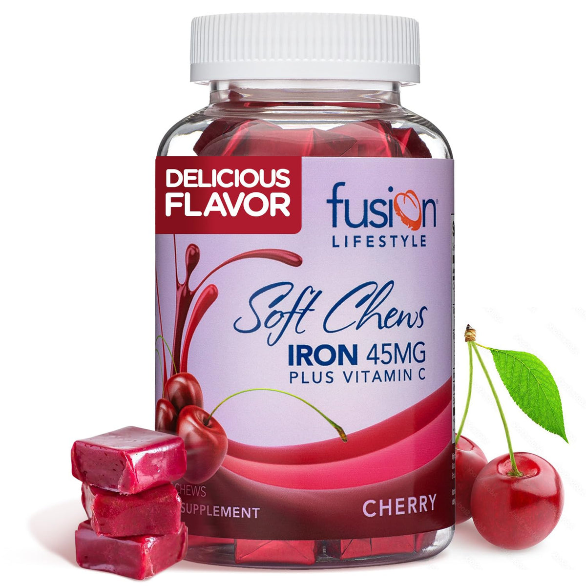 Fusion Lifestyle cherry iron chews in bottle for daily support
