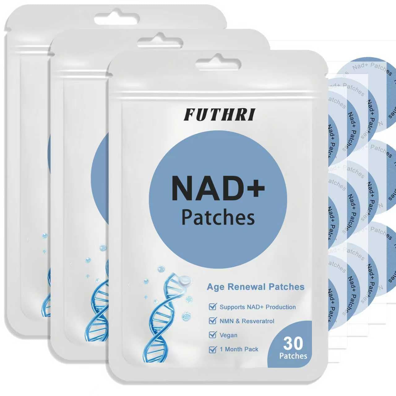 FUTHRI NAD+ patches box front with vegan wellness design.