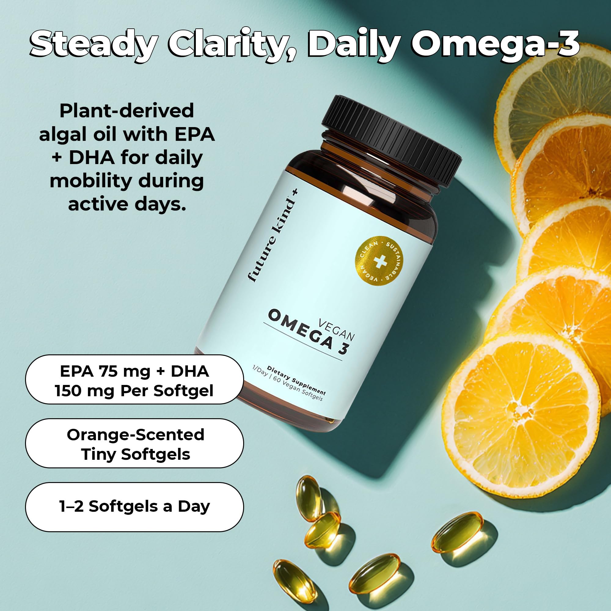 Future Kind algal omega-3 softgels with EPA and DHA.