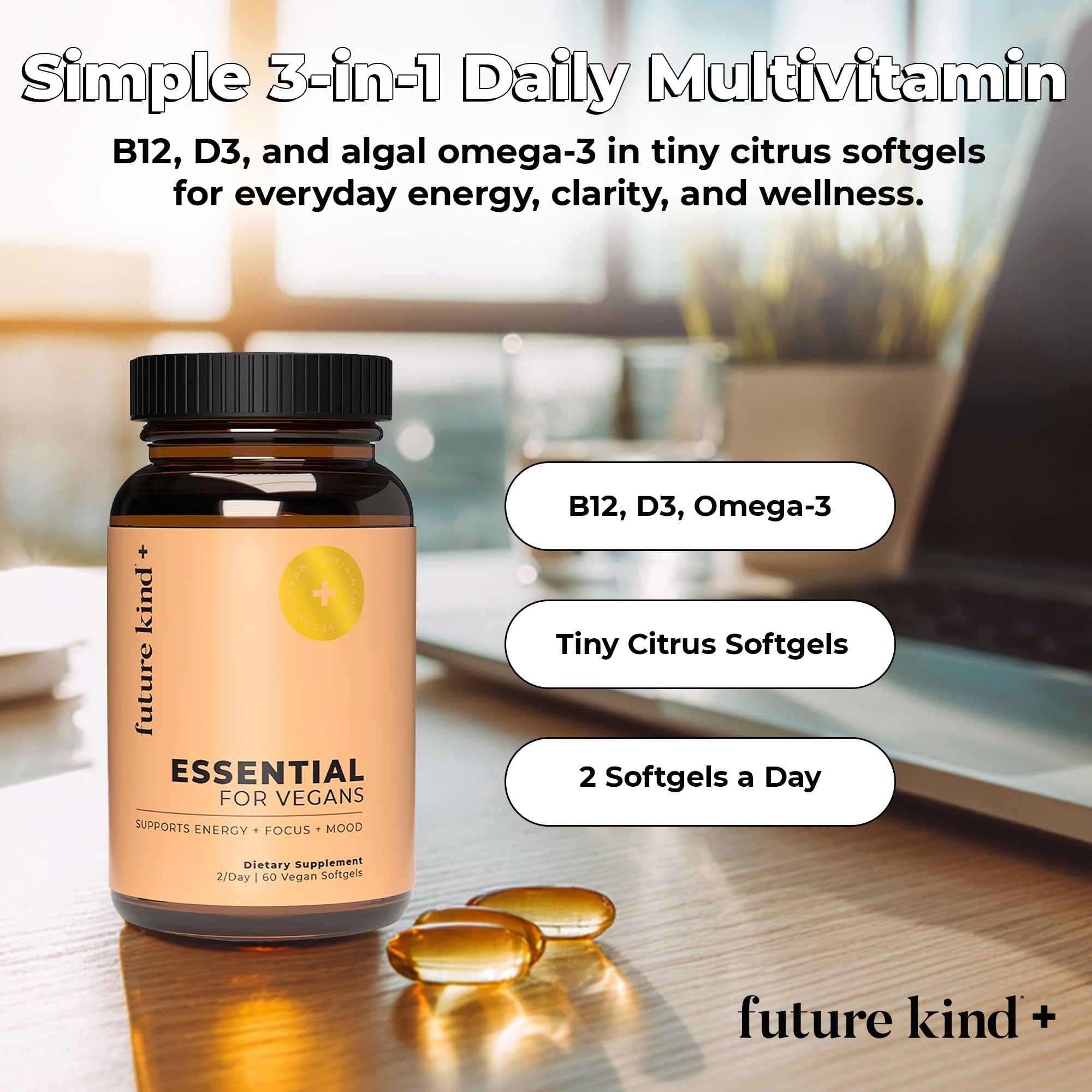 Future Kind tiny citrus softgels closeup for easy daily use.