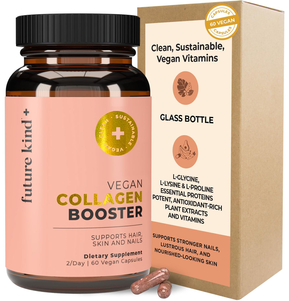Future Kind Vegan Collagen bottle with glass packaging highlights a vegan formula for skin, hair, and nails.