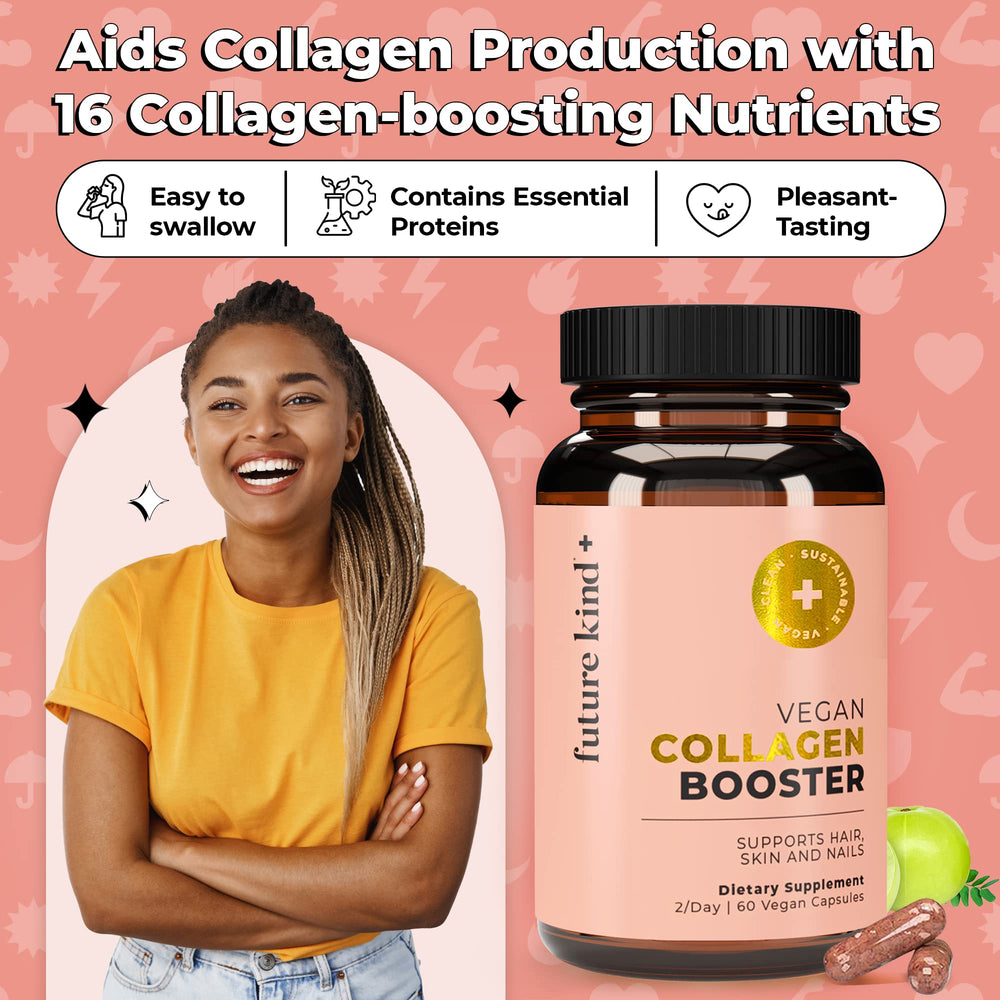 Future Kind logo on packaging signals a vegan collagen option and social impact.