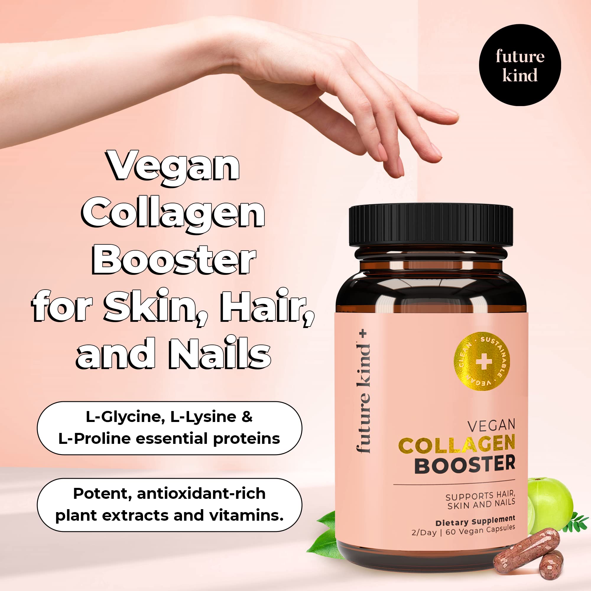 Future Kind Vegan Collagen capsules ready for daily use in a wellness routine.