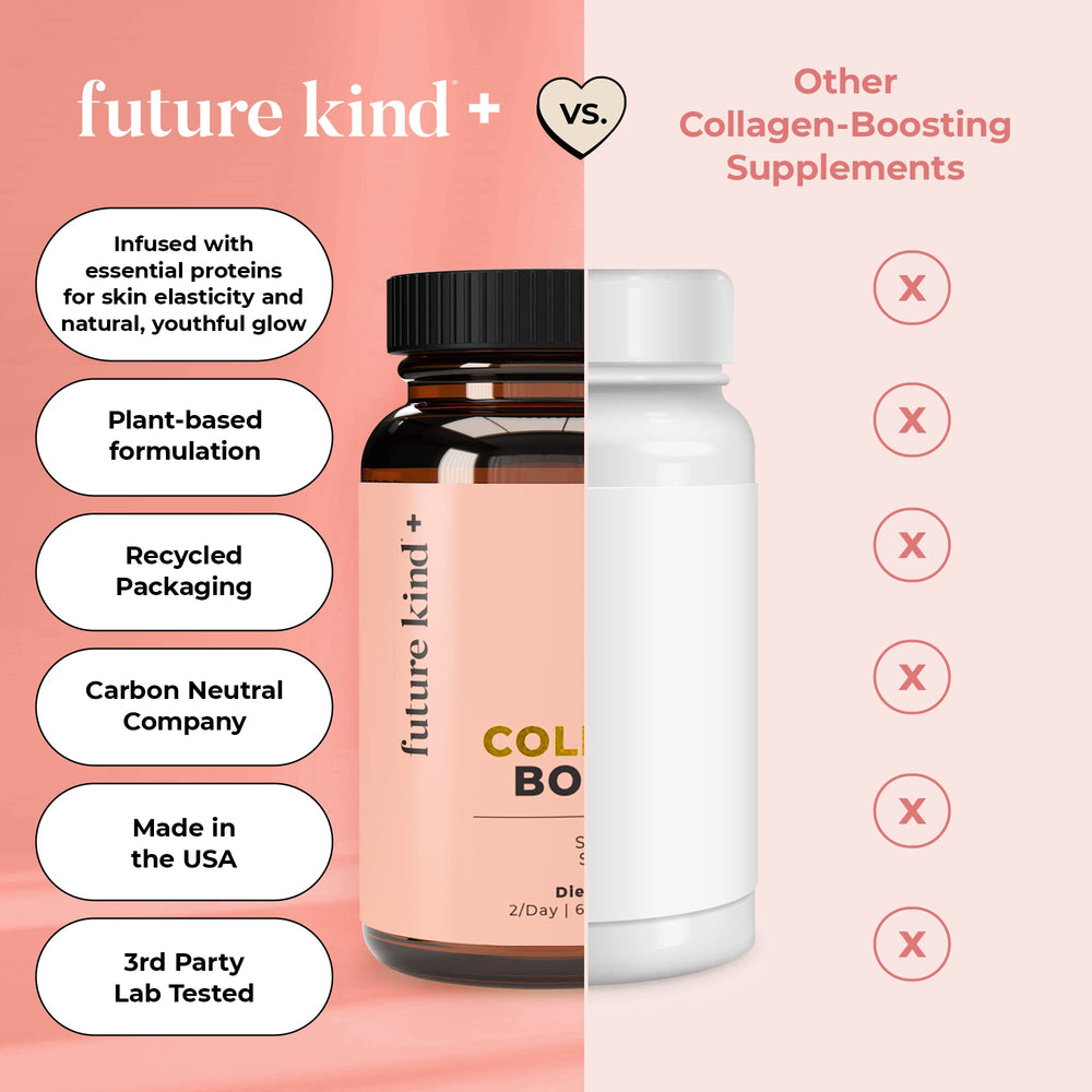 Close view of the glass bottle and capsules from Future Kind Vegan Collagen.